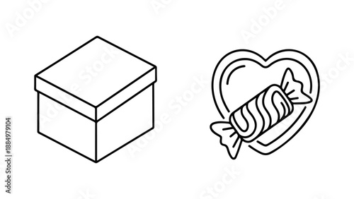 A simple line drawing of a gift box and a heart with a candy inside isolated on white background, Vector, illustration
