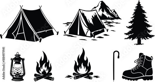 Camping Icons Featuring Tents and Outdoor Gear.