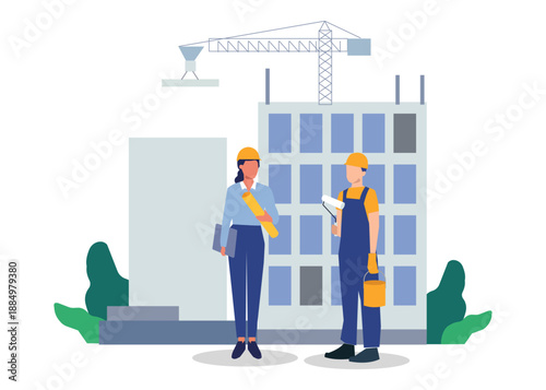 Construction Team on Site Reviewing Plans for Safe and Efficient Building Progress.