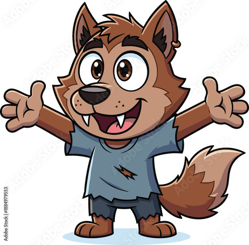 Cute cartoon werewolf boy character with brown fur and torn clothes standing with open arms isolated on white background for halloween and fantasy design