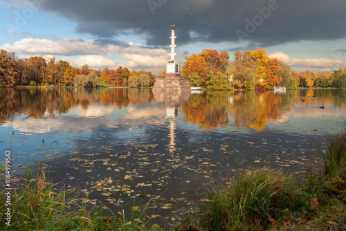 The Chesme Column in the center of the Great Pond in the Catherine Park of Tsarskoye Selo on a sunny autumn day, Pushkin, Saint Petersburg, Russia