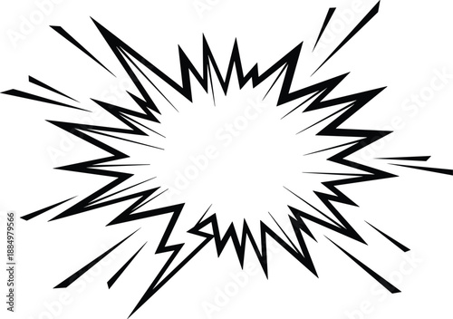 Dynamic black and white comic book explosion speech bubble with sharp jagged edges isolated on white background for pop art design and superhero dialogue