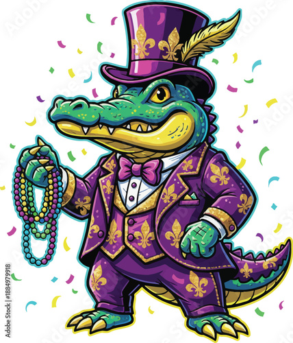 Cartoon Alligator in Tuxedo with Fleur de Lis for Carnival