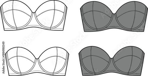 Strapless Bra Technical Flat Sketch Vector Set with Balconette Sweetheart Neckline and Padded Cups for Lingerie Design Underwear Fashion CAD Mockup and Apparel Production