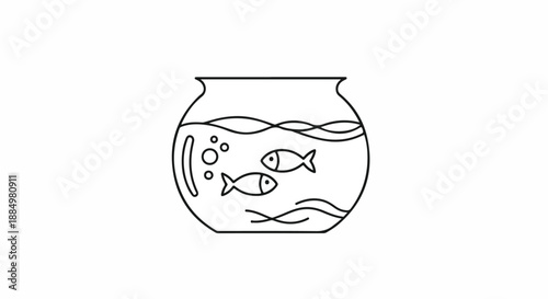 Line drawing of two fish swimming in a round fishbowl with wavy lines and bubbles on a white background.