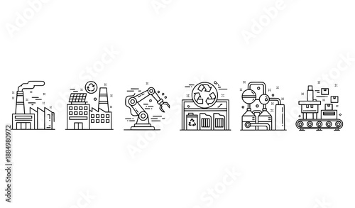 Minimalist vector factory and industrial icon set with eco and robotic designs for web, UI, and infographics