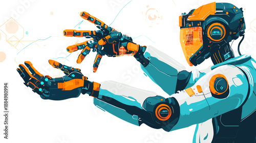 Robot with Mechanical Hands and Orange Accents.