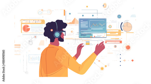 Woman interacting with digital interface illustration.