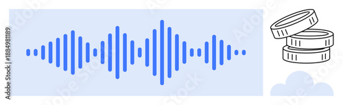 Audio technology, finance, cloud storage, cryptocurrency, sound data, networking. Graphical soundwave alongside coin stack and cloud symbol. Audio technology and finance