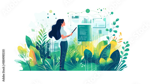 Woman with Long Hair Standing Near Plants.