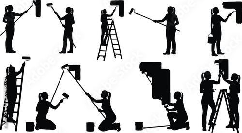 Large Collection of Female House Painter Silhouettes Painting Walls with Rollers and Brushes on Ladders for Home Renovation Maintenance and DIY Construction Project Graphics