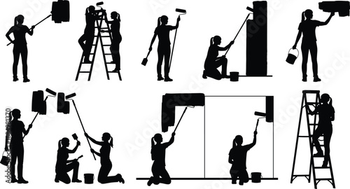 Large Collection of Female House Painter Silhouettes Painting Walls with Rollers and Brushes on Ladders for Home Renovation Maintenance and DIY Construction Project Graphics