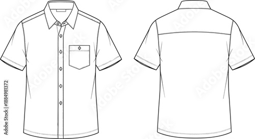 Professional Men Short Sleeve Button Down Shirt Technical Flat Sketch Vector Template with Front and Back View for Fashion Design Tech Pack and Manufacturing