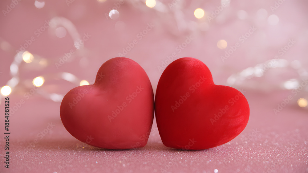 Obraz premium Two red heart shaped pillows on pink background with lights