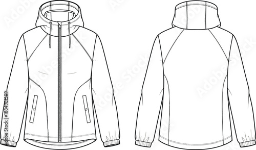 Technical fashion flat sketch collection featuring bomber jackets hooded windbreakers tote bags and travel duffel bags with measurements for apparel manufacturing and design tech pack