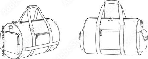 Technical fashion flat sketch set featuring a bomber jacket and utility travel bags with measurements for apparel design tech pack and manufacturing vector illustration