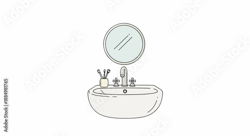Line drawing of a bathroom sink with a faucet and toothbrush holder under a round mirror on a plain white background.