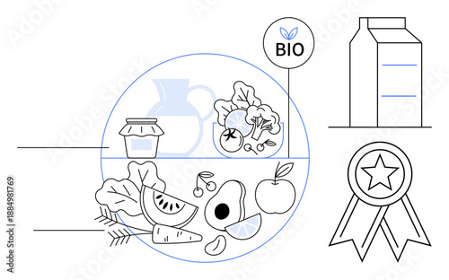 Healthy eating, organic products, eco-labels, nutritious diet, sustainability, and eco-packaging. Illustration shows fruits, vegetables bio label and eco-friendly packaging. Healthy eating