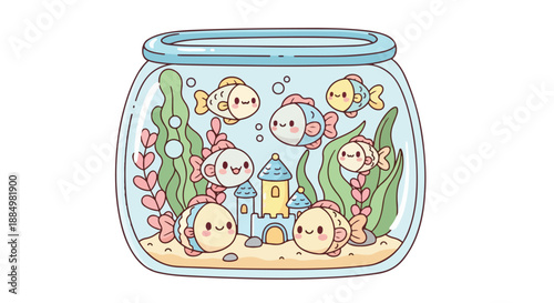 A cartoon illustration of smiling fish and sea creatures in a colorful fishbowl with plants and a sand bottom on a white background.