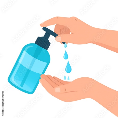 A hand dispensing blue liquid from a bottle onto another hand
