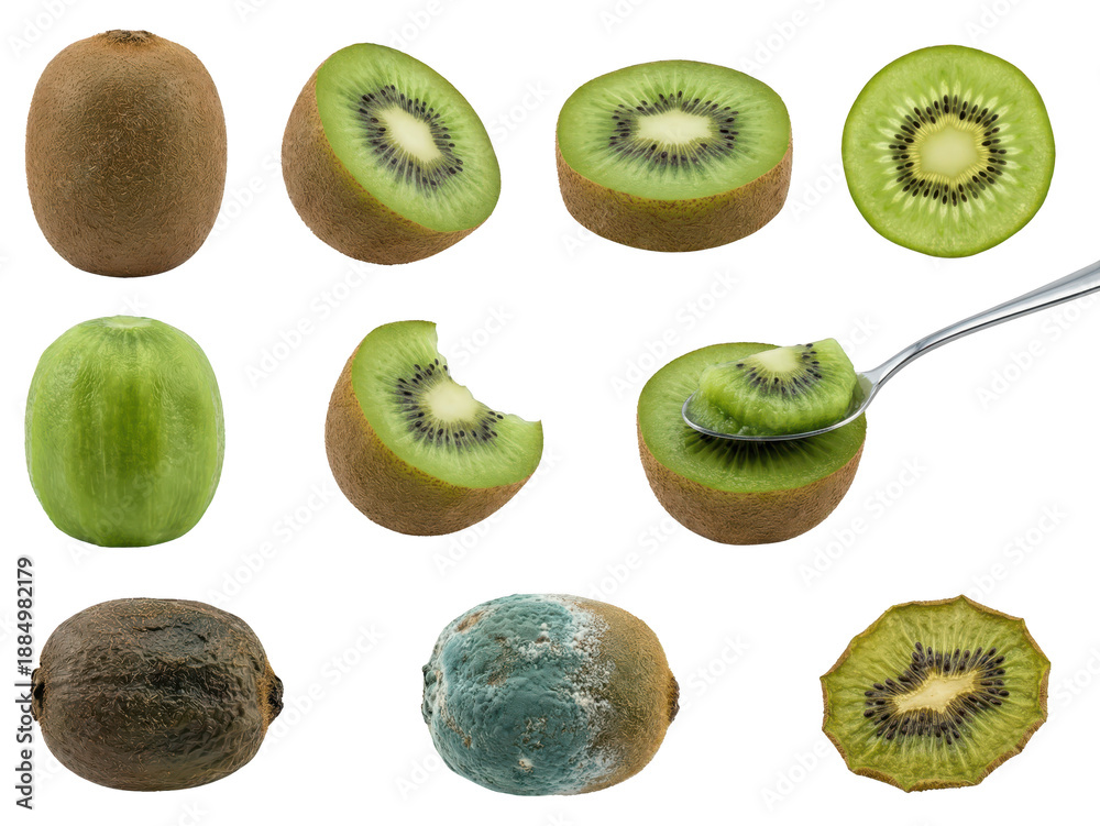 Fototapeta premium Kiwi Fruit: Fresh, Cut, Spoiled and Presented on White Background