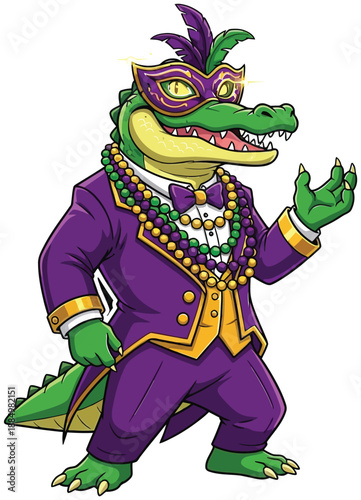 Mardi Gras Alligator in Purple Suit and Masquerade Mask