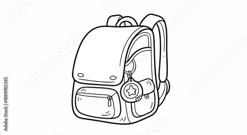 Line drawing of a backpack with multiple pockets and compartments on a white background.