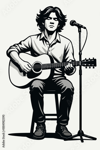 Male Musician Singing and Playing Acoustic Guitar on Stool Illustration