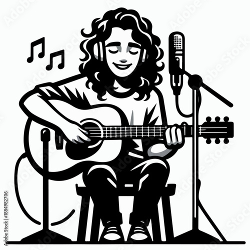 Singer Songwriter Woman Playing Guitar with Microphone Illustration
