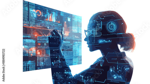 Futuristic Robot Analyzing Data on Screen.