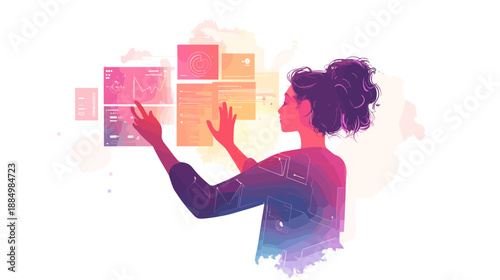 Woman Interacting with Colorful Digital Interface.