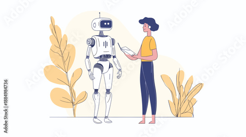 Woman Interacting with Humanoid Robot Illustration.