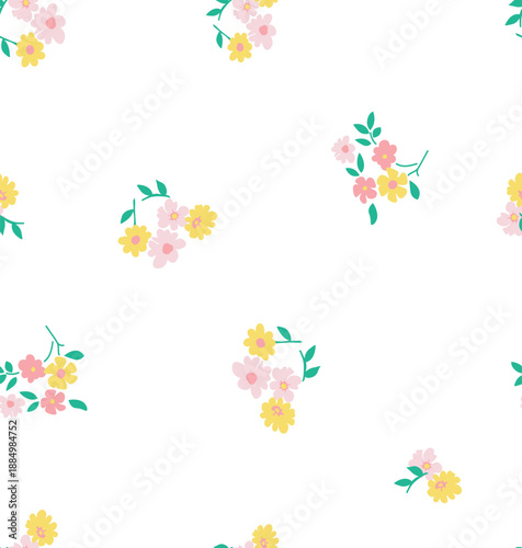 Seamless Ditsy Floral Pattern with Small Pink and Yellow Flowers 
