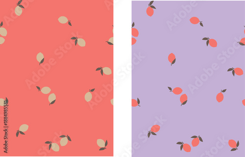 Seamless mini strawberry toss pattern in pale peach and purple color palette