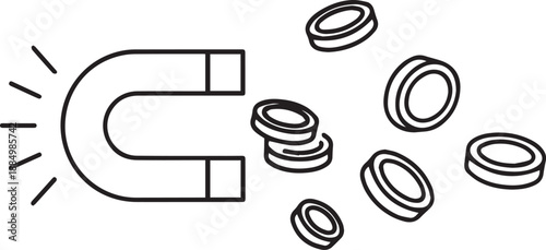 Line art illustration of a horseshoe magnet attracting various metal washers