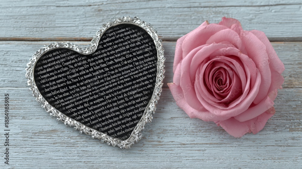 Fototapeta premium A romantic silver heart filled with tiny printed text rests next to a delicate pink rose on rustic wood, ideal for love, anniversaries, or sentimental greeting designs.