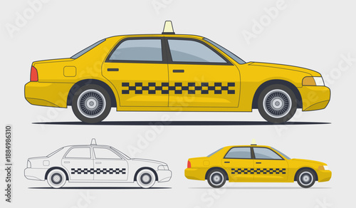 Side view taxi sedan illustration in clean flat vector style with editable colors, suitable for transportation concepts, urban mobility designs, web, app, infographic, and print projects, EPS vector f