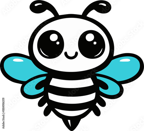 Cute kawaii cartoon wasp with huge sparkling eyes black white stripes blue wings flat vector style