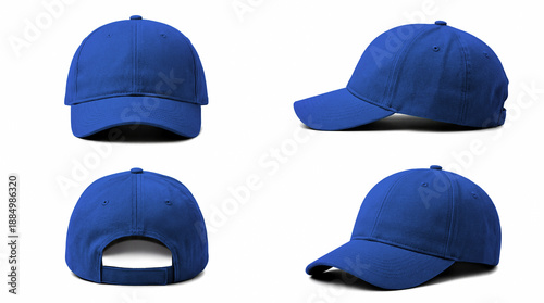 Blue baseball cap mockup set featuring front view, back view, left view and perspective angle, clean unbranded headwear isolated on white, ideal for corporate merchandising, fashion mockups, catalog l