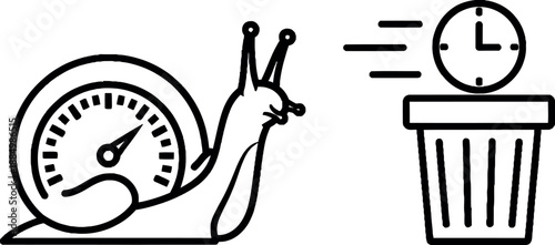 Snail moving slowly towards trash can with clock