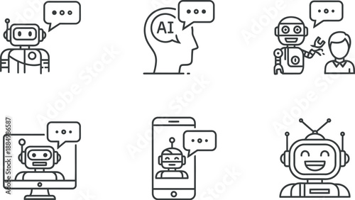 Collection of simple robot icons representing artificial intelligence and communication