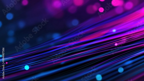 Abstract background showing purple and blue glowing lines and bokeh lights moving through a dark digital space