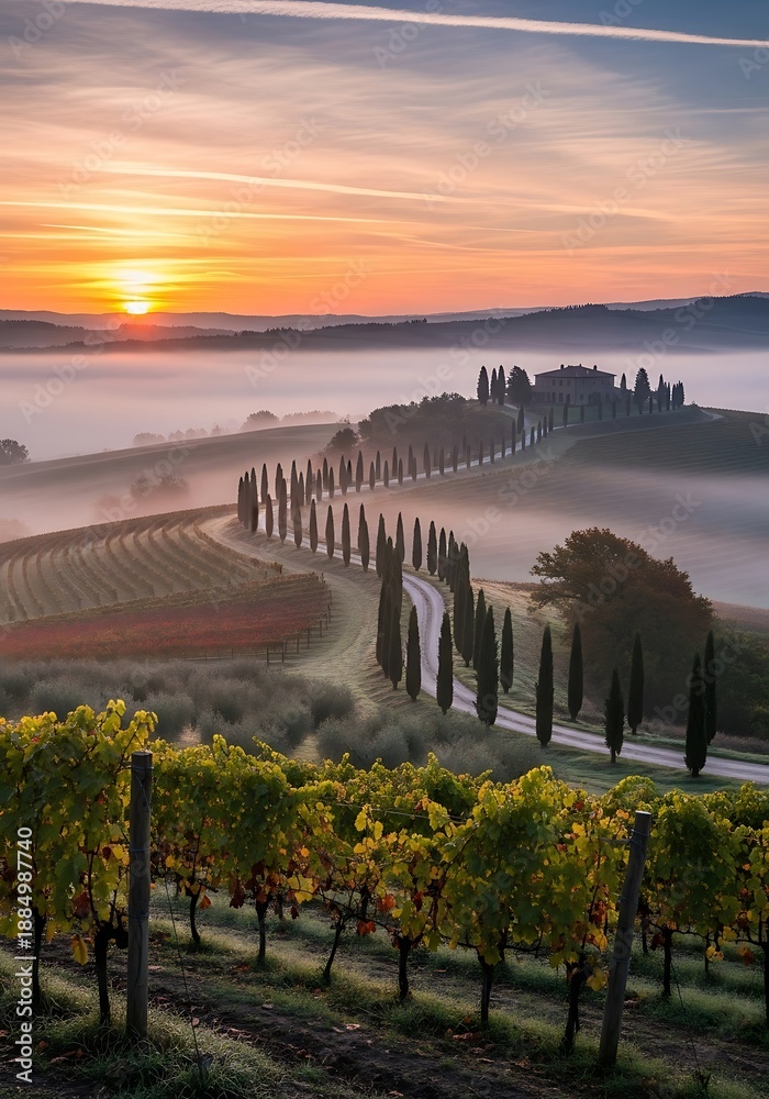 Fototapeta premium Sunrise Mist: Serpentine Road Through Vineyards.