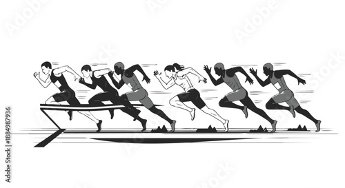 Black and white illustration of runners sprinting in a race