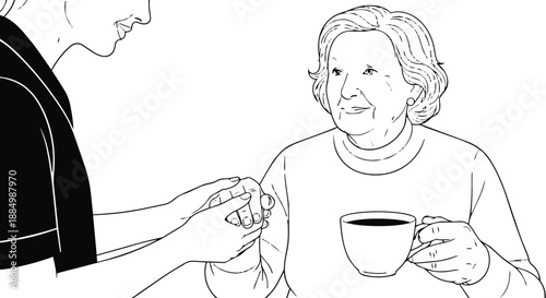 Elderly woman receiving a cup of coffee from a caregiver or nurse