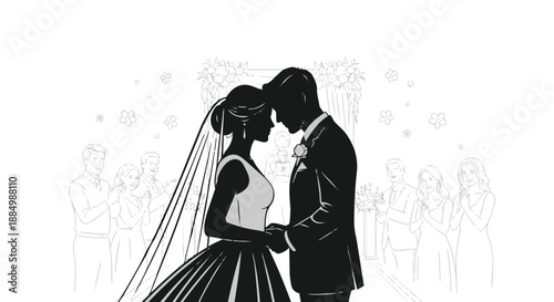Black silhouette of a wedding couple in formal attire on their special day