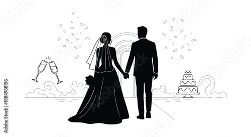 Black silhouette of a wedding couple holding hands on their special day