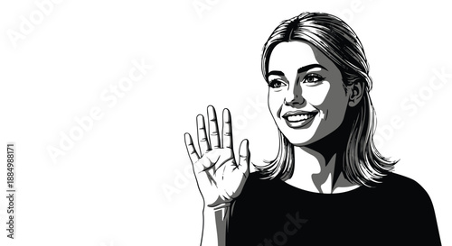 Woman waving her hand with a friendly smile on her face