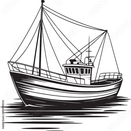 A monochrome illustration of a fishing boat with rigging on a white background surface water