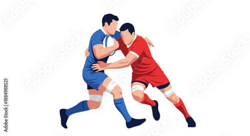 Two rugby players in action, one in blue and one in red, engaging in a fierce tackle on the sports field.